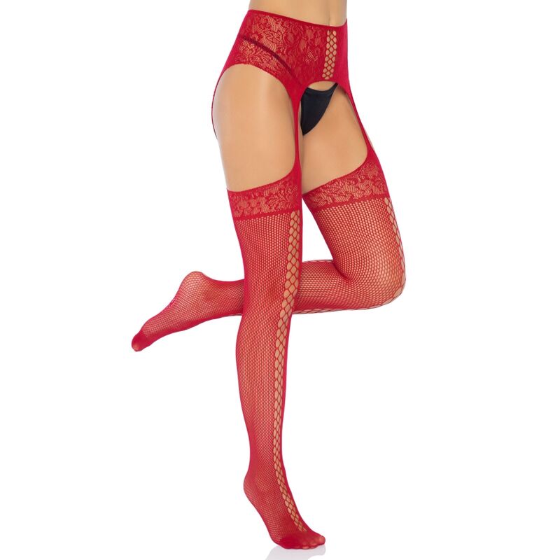 LEG AVENUE - LACE STOCKINGS WITH BURGUNDY GARTER BELT ONE SIZE