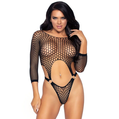 LEG AVENUE - LONG SLEEVE THONG BODYSUIT ONE SIZE BLACK