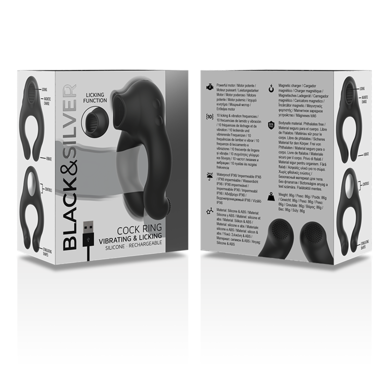 BLACK&amp;SILVER - RECHARGEABLE 3 MOTOR SILICONE VIBRATING RING BLACK