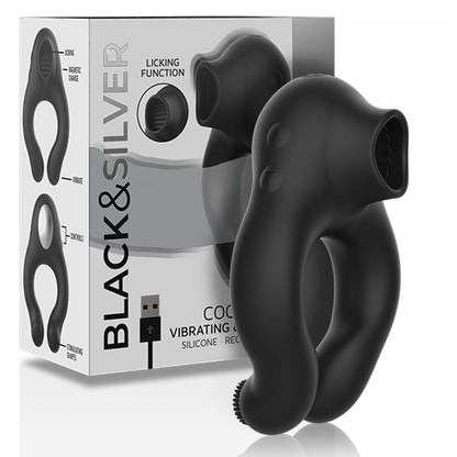 BLACK&amp;SILVER - RECHARGEABLE 3 MOTOR SILICONE VIBRATING RING BLACK