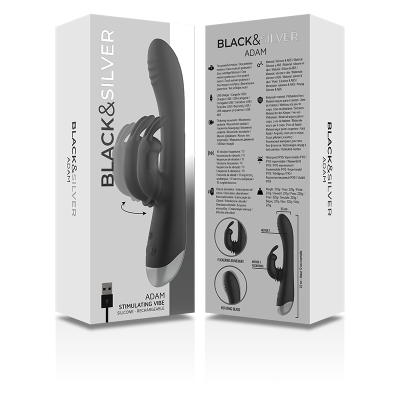 BLACK&amp;SILVER - DJ. ADAM RECHARGEABLE SILICONE RABBIT STIMULATOR BLACK