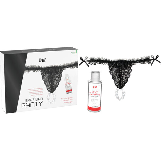 INTT RELEASES - BLACK BRAZILIAN PANTY WITH PEARLS AND LUBRICATING GEL 50 ML