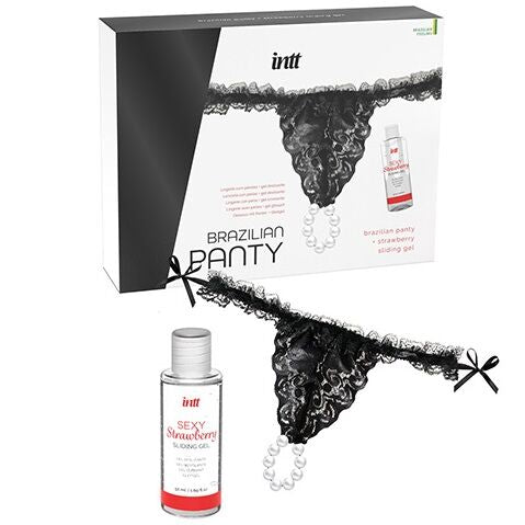 INTT RELEASES - BLACK BRAZILIAN PANTY WITH PEARLS AND LUBRICATING GEL 50 ML