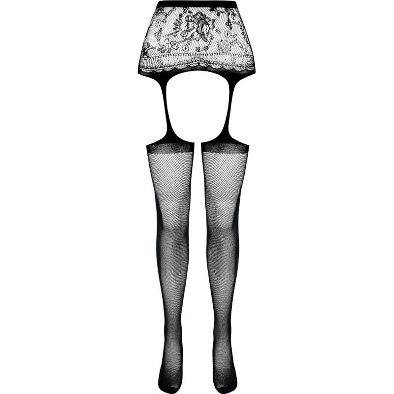 PASSION - S028 BLACK STOCKINGS WITH GARTER BELT ONE SIZE