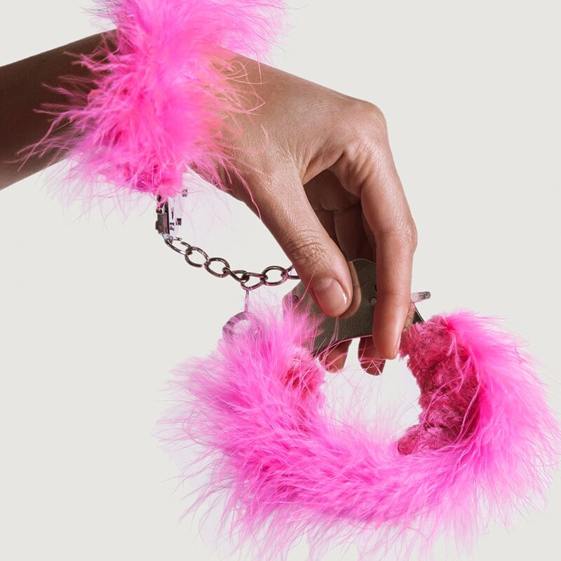 ADRIEN LASTIC - METAL HANDCUFFS WITH PINK FEATHERS