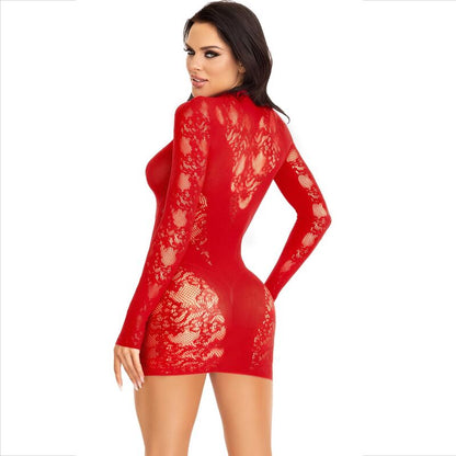 LEG AVENUE - RED LACE MINI DRESS WITH LONG SLEEVES