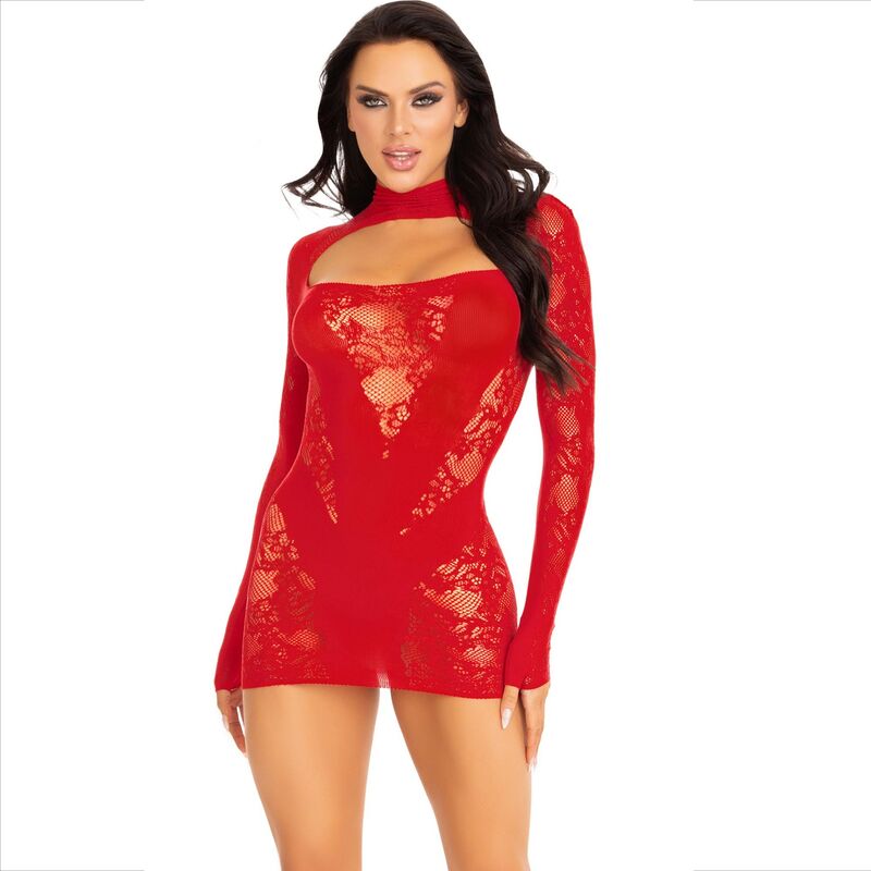 LEG AVENUE - RED LACE MINI DRESS WITH LONG SLEEVES