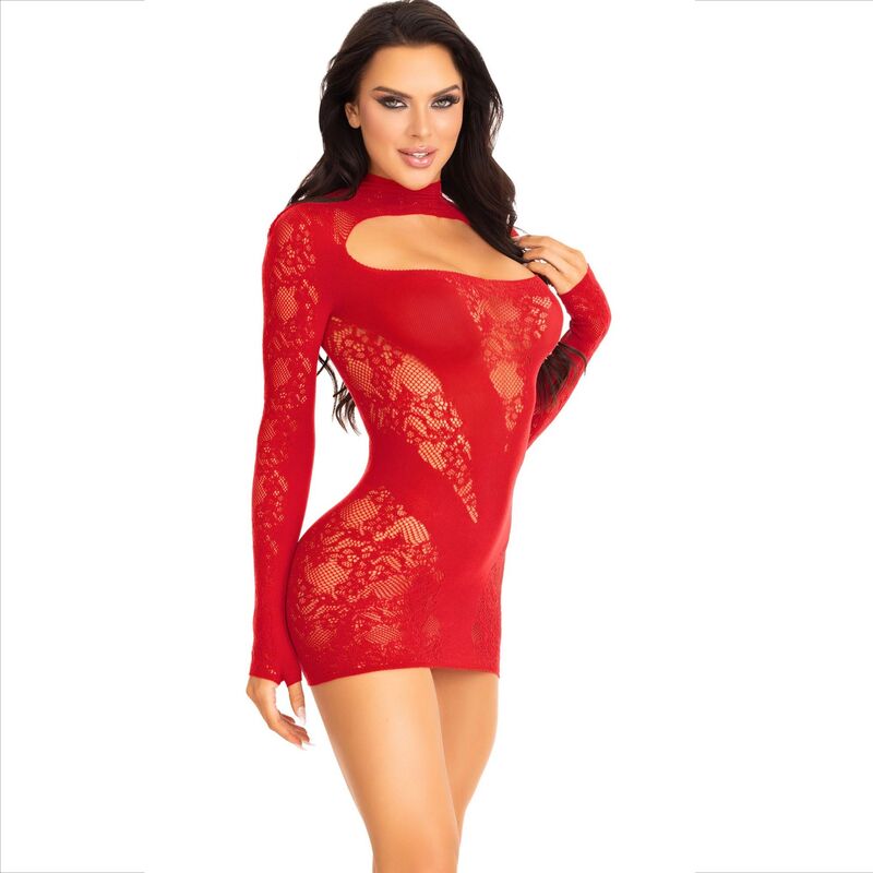 LEG AVENUE - RED LACE MINI DRESS WITH LONG SLEEVES