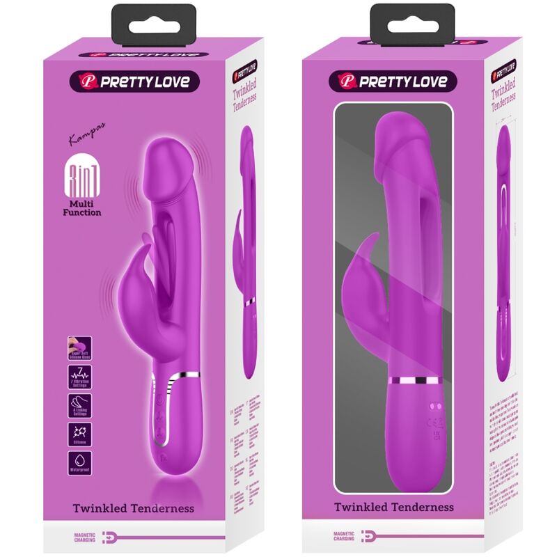 PRETTY LOVE - KAMPAS 3 IN 1 MULTIFUNCTION RABBIT VIBRATOR WITH FUCHSIA TONGUE