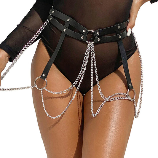 SUBBLIME - BLACK LEATHER RING CHAIN ​​BELT ONE SIZE