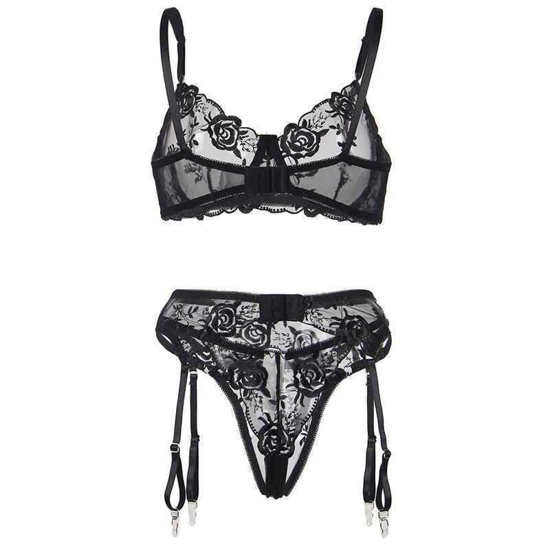 SUBBLIME - 3 PIECE SET BRA + THONG + GARTER BLACK FLORAL PRINT S/M