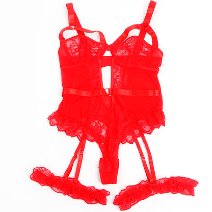 SUBBLIME - TEDDY WITH GARTER LACE DETAIL AND RED STRAPS S/M