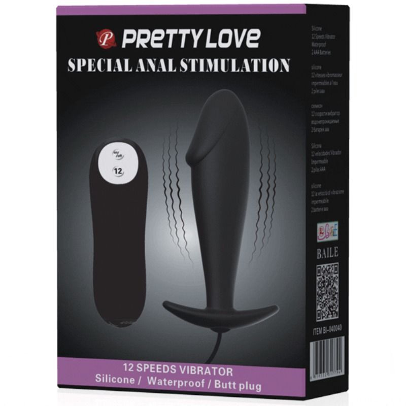 PRETTY LOVE - PENIS-SHAPED SILICONE ANAL PLUG WITH 12 VIBRATION MODES - BLACK