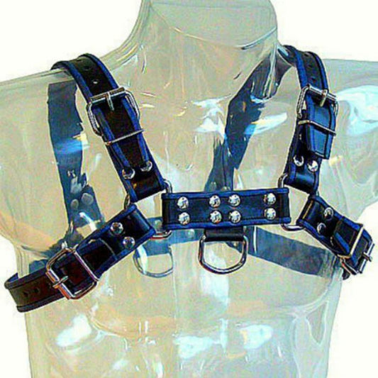 LEATHER BODY - BLUE AND BLACK LEATHER HARNESS CHEST BULLDOG