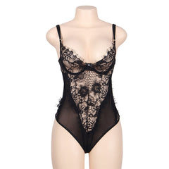 SUBBLIME - BLACK FLORAL LACE AND FRINGE TEDDY PLUS SIZE