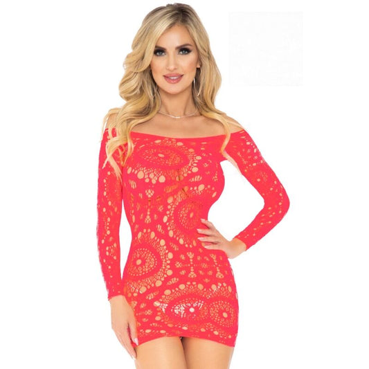 LEG AVENUE - RED LACE MINI DRESS WITH LONG SLEEVES ONE SIZE