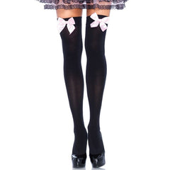 LEG AVENUE - BLACK Thigh High Stockings with Pink Bow ONE SIZE